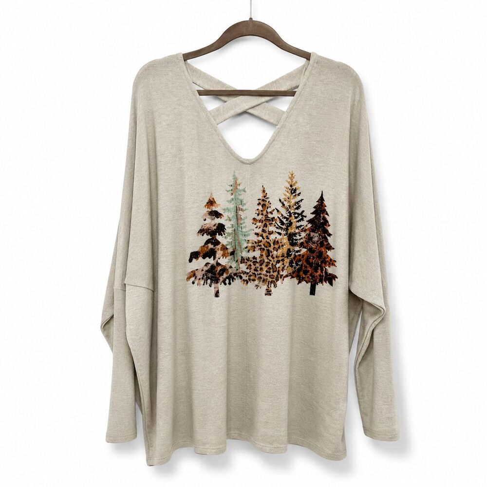 Phil Love Women's Plus Leopard Trees Dolman Soft Tunic Sweatshirt Sand Size 3XL